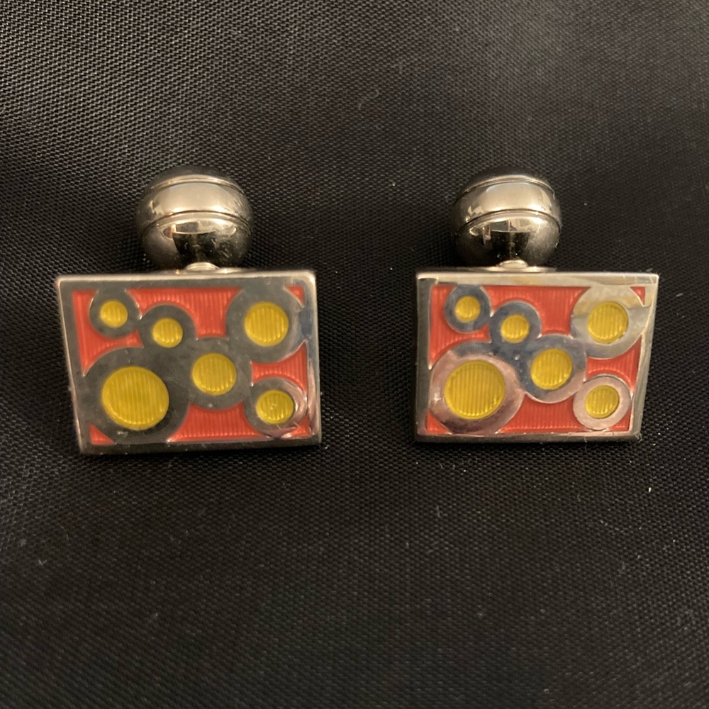 Duchamp London Cufflinks Enamel pink and yellow circles silver tone